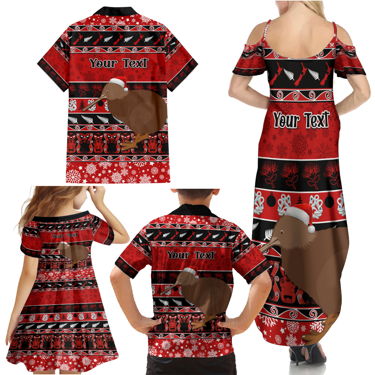 Personalised New Zealand Christmas Family Matching Summer Maxi Dress and Hawaiian Shirt Aotearoa Kiwi Meri Kirihimete Red Version LT14 - Polynesian Pride
