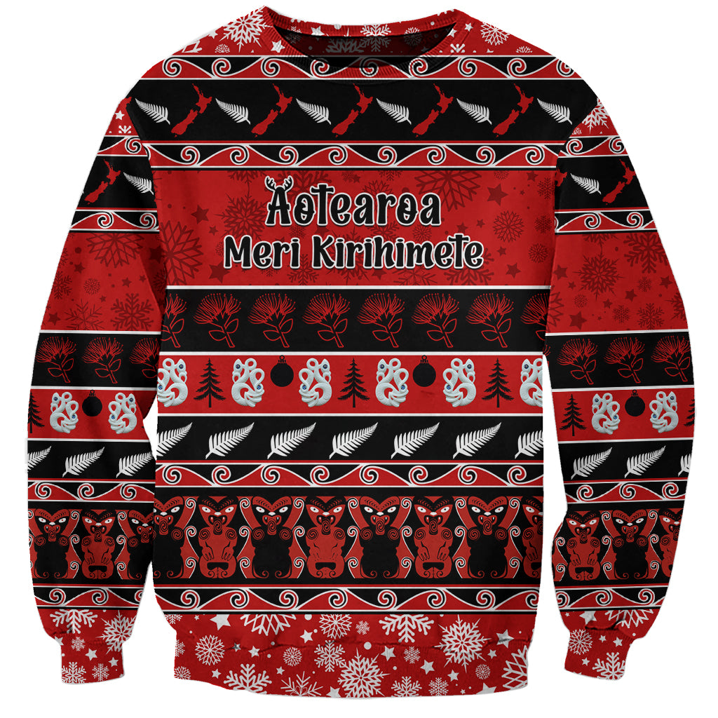 Personalised New Zealand Christmas Sweatshirt Aotearoa Kiwi Meri Kirihimete Red Version LT14 Unisex Red - Polynesian Pride
