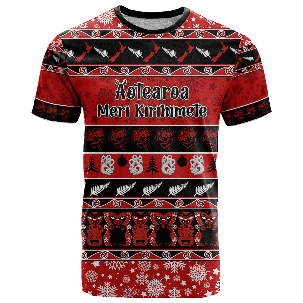 Personalised New Zealand Christmas T Shirt Aotearoa Kiwi Meri Kirihimete Red Version LT14 Red - Polynesian Pride