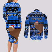 Personalised New Zealand Christmas Couples Matching Long Sleeve Bodycon Dress and Long Sleeve Button Shirt Aotearoa Kiwi Meri Kirihimete Blue Version LT14 - Polynesian Pride