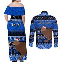 Personalised New Zealand Christmas Couples Matching Off Shoulder Maxi Dress and Long Sleeve Button Shirt Aotearoa Kiwi Meri Kirihimete Blue Version LT14 - Polynesian Pride