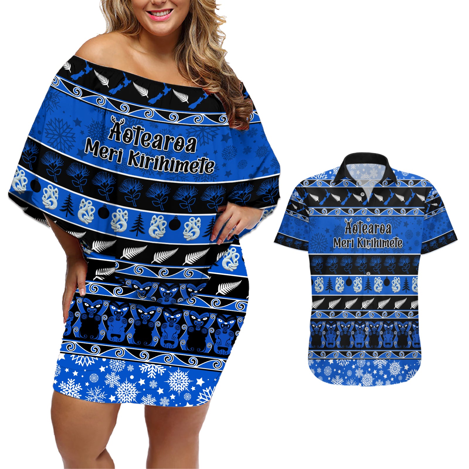 Personalised New Zealand Christmas Couples Matching Off Shoulder Short Dress and Hawaiian Shirt Aotearoa Kiwi Meri Kirihimete Blue Version LT14 Blue - Polynesian Pride