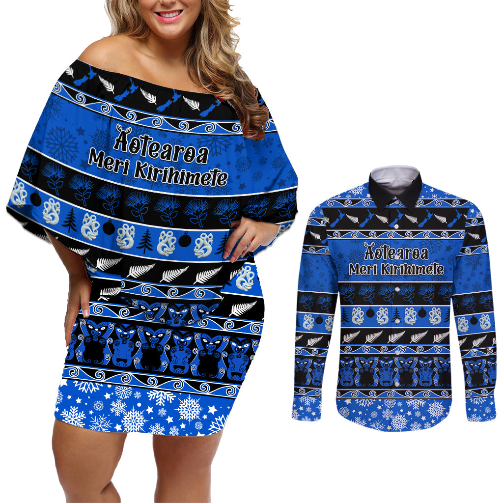 Personalised New Zealand Christmas Couples Matching Off Shoulder Short Dress and Long Sleeve Button Shirt Aotearoa Kiwi Meri Kirihimete Blue Version LT14 Blue - Polynesian Pride