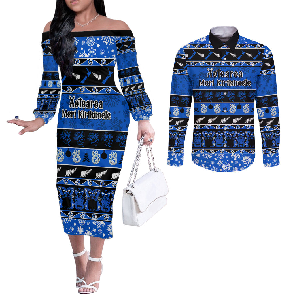 Personalised New Zealand Christmas Couples Matching Off The Shoulder Long Sleeve Dress and Long Sleeve Button Shirt Aotearoa Kiwi Meri Kirihimete Blue Version LT14 Blue - Polynesian Pride