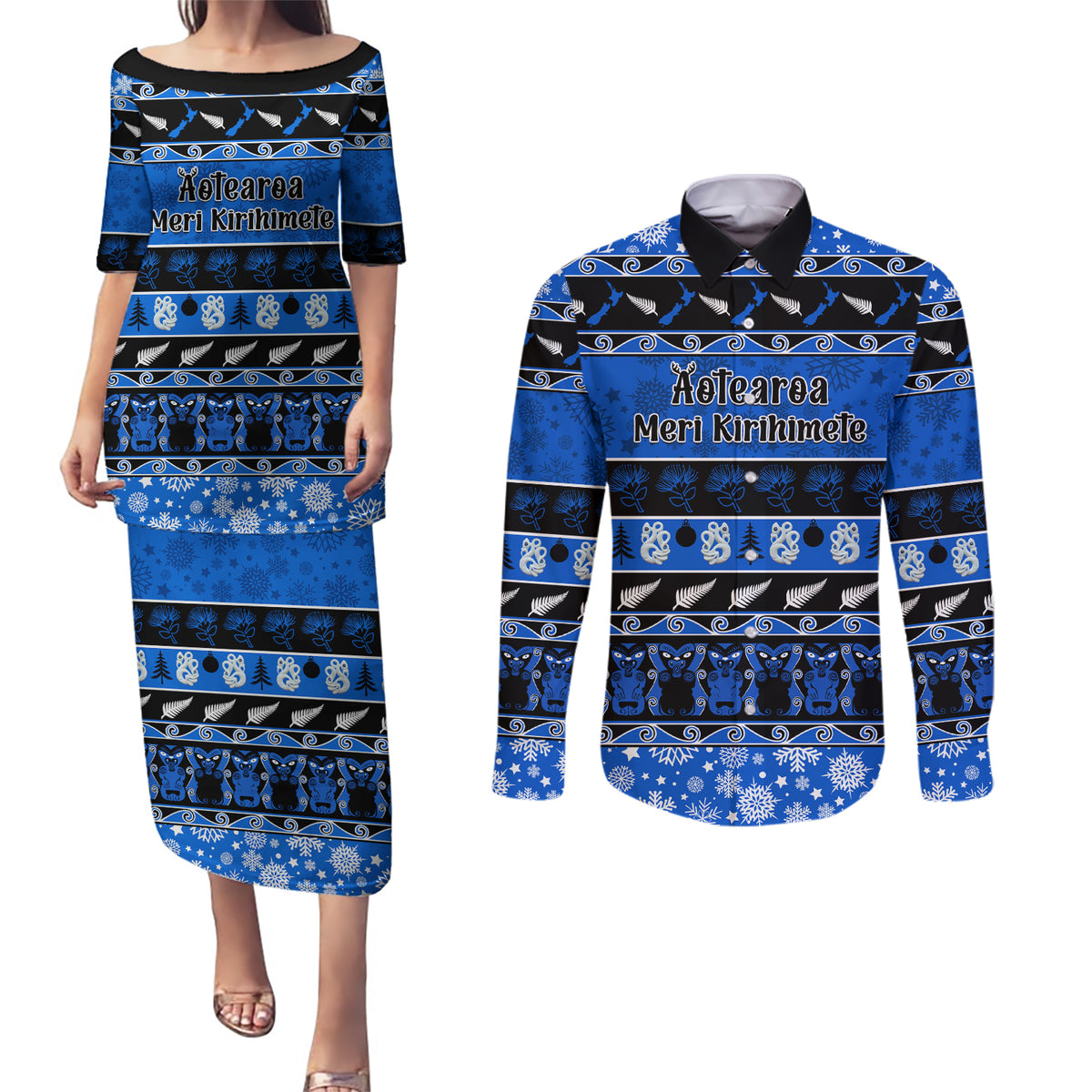 Personalised New Zealand Christmas Couples Matching Puletasi Dress and Long Sleeve Button Shirt Aotearoa Kiwi Meri Kirihimete Blue Version LT14 Blue - Polynesian Pride