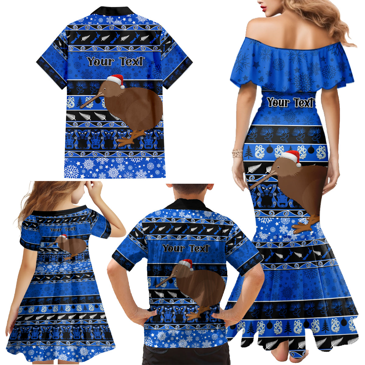 Personalised New Zealand Christmas Family Matching Mermaid Dress and Hawaiian Shirt Aotearoa Kiwi Meri Kirihimete Blue Version LT14 - Polynesian Pride