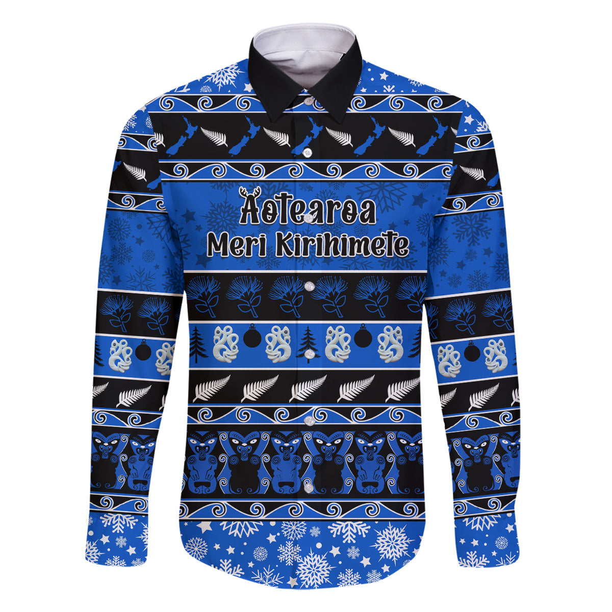 Personalised New Zealand Christmas Family Matching Mermaid Dress and Hawaiian Shirt Aotearoa Kiwi Meri Kirihimete Blue Version LT14 Dad's Shirt - Long Sleeve Blue - Polynesian Pride