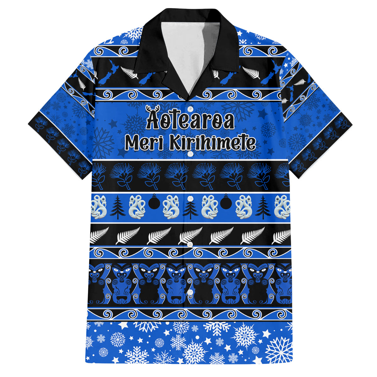 Personalised New Zealand Christmas Family Matching Off Shoulder Long Sleeve Dress and Hawaiian Shirt Aotearoa Kiwi Meri Kirihimete Blue Version LT14 Dad's Shirt - Short Sleeve Blue - Polynesian Pride