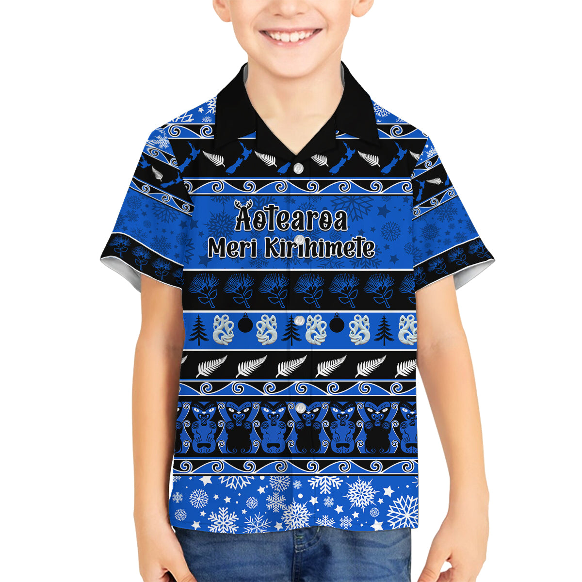 Personalised New Zealand Christmas Family Matching Tank Maxi Dress and Hawaiian Shirt Aotearoa Kiwi Meri Kirihimete Blue Version LT14 Son's Shirt Blue - Polynesian Pride