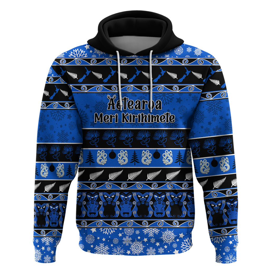 Personalised New Zealand Christmas Hoodie Aotearoa Kiwi Meri Kirihimete Blue Version LT14 Blue - Polynesian Pride