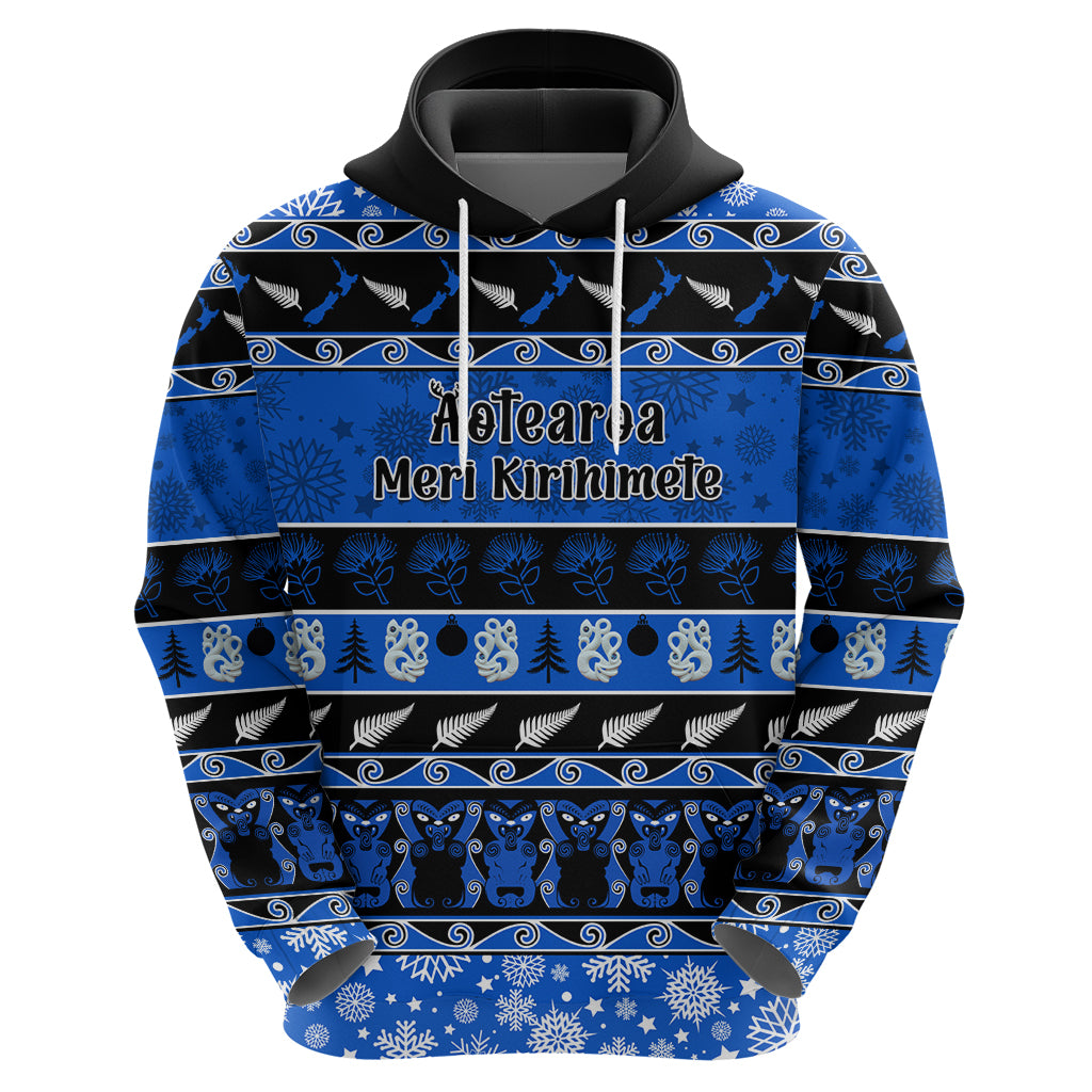 Personalised New Zealand Christmas Hoodie Aotearoa Kiwi Meri Kirihimete Blue Version LT14 - Polynesian Pride
