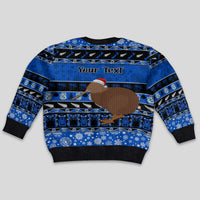 Personalised New Zealand Christmas Kid Ugly Christmas Sweater Aotearoa Kiwi Meri Kirihimete Blue Version LT14 - Polynesian Pride
