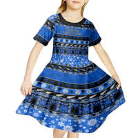 Personalised New Zealand Christmas Kid Short Sleeve Dress Aotearoa Kiwi Meri Kirihimete Blue Version LT14 - Polynesian Pride