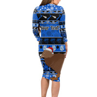 Personalised New Zealand Christmas Long Sleeve Bodycon Dress Aotearoa Kiwi Meri Kirihimete Blue Version LT14 - Polynesian Pride
