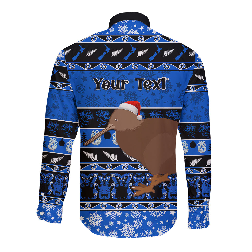 Personalised New Zealand Christmas Long Sleeve Button Shirt Aotearoa Kiwi Meri Kirihimete Blue Version LT14 - Polynesian Pride