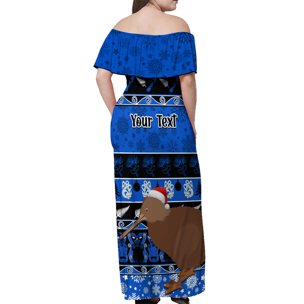 Personalised New Zealand Christmas Off Shoulder Maxi Dress Aotearoa Kiwi Meri Kirihimete Blue Version LT14 - Polynesian Pride