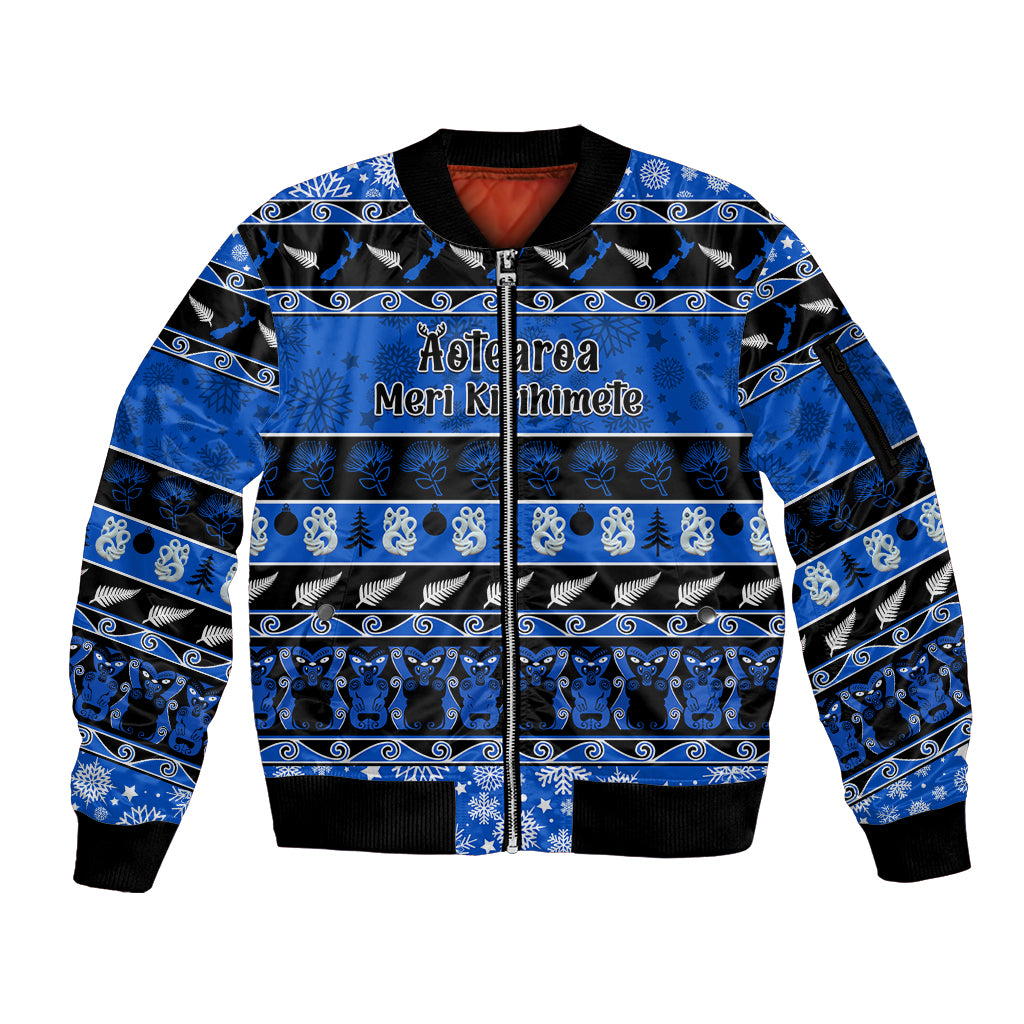Personalised New Zealand Christmas Sleeve Zip Bomber Jacket Aotearoa Kiwi Meri Kirihimete Blue Version LT14 Unisex Blue - Polynesian Pride