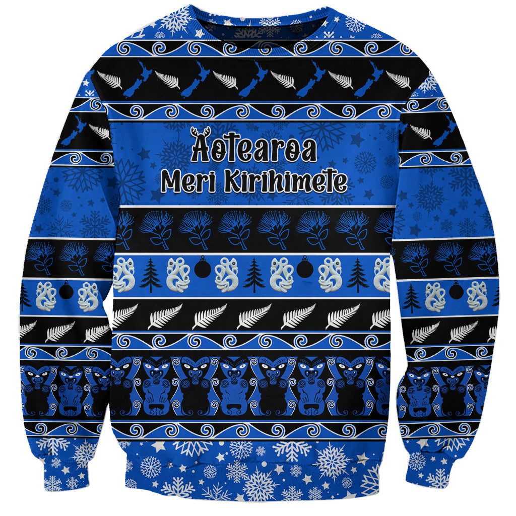 Personalised New Zealand Christmas Sweatshirt Aotearoa Kiwi Meri Kirihimete Blue Version LT14 Unisex Blue - Polynesian Pride