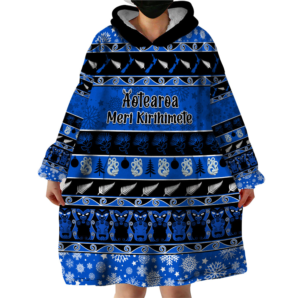 Personalised New Zealand Christmas Wearable Blanket Hoodie Aotearoa Kiwi Meri Kirihimete Blue Version LT14 - Polynesian Pride