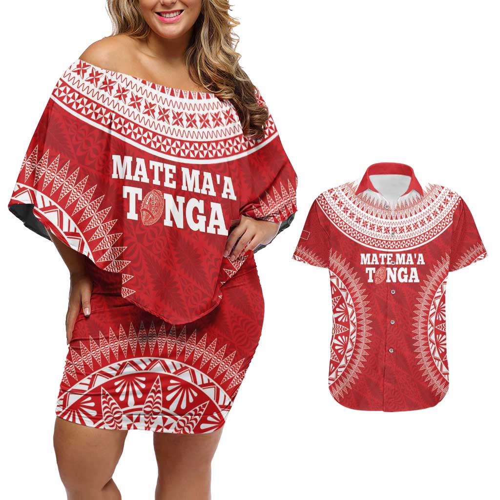 Custom Tonga Mate Maa Couples Matching Off Shoulder Short Dress and Hawaiian Shirt Go Champions Tongan Ngatu - Red