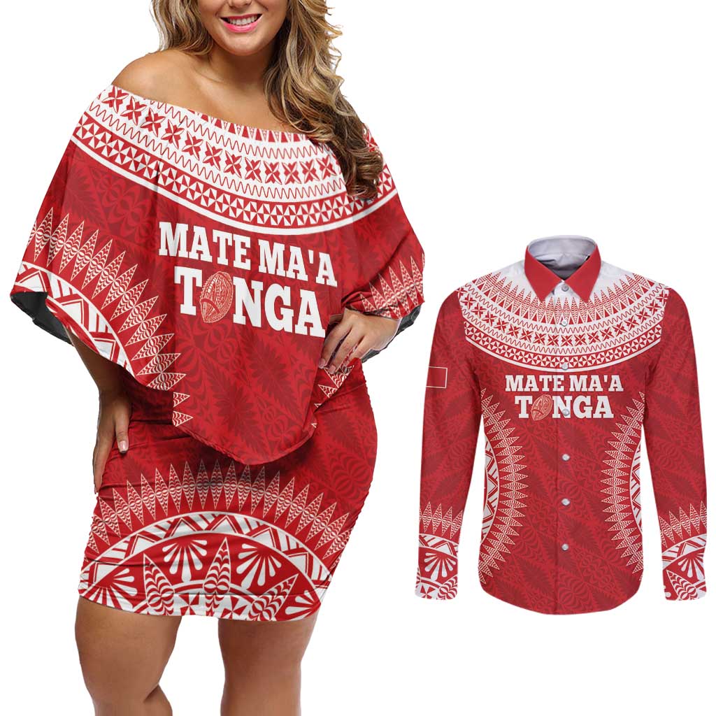 Custom Tonga Mate Maa Couples Matching Off Shoulder Short Dress and Long Sleeve Button Shirt Go Champions Tongan Ngatu - Red