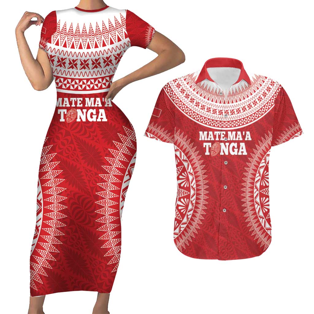 Custom Tonga Mate Maa Couples Matching Short Sleeve Bodycon Dress and Hawaiian Shirt Go Champions Tongan Ngatu - Red