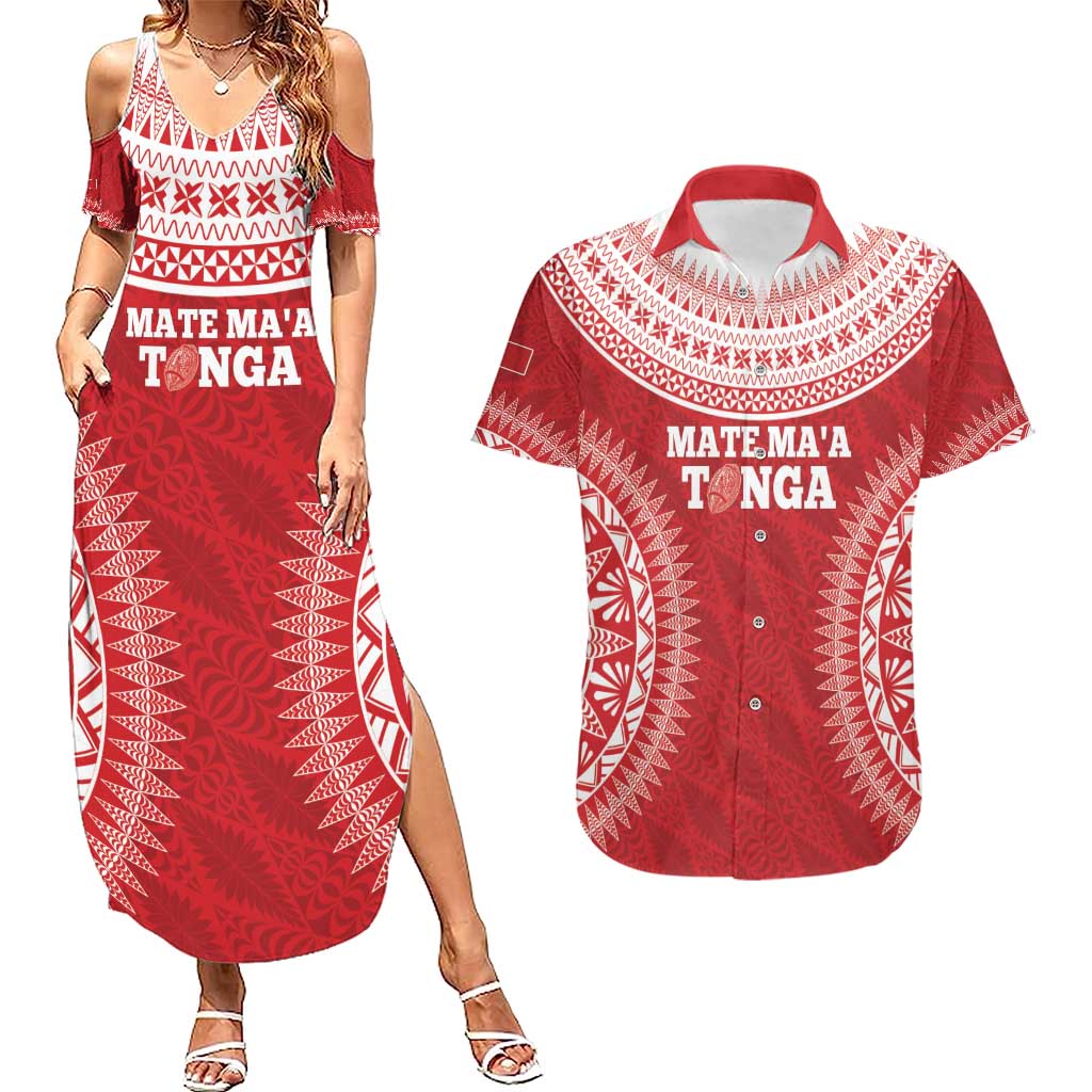 Custom Tonga Mate Maa Couples Matching Summer Maxi Dress and Hawaiian Shirt Go Champions Tongan Ngatu - Red LT14 Red - Polynesian Pride