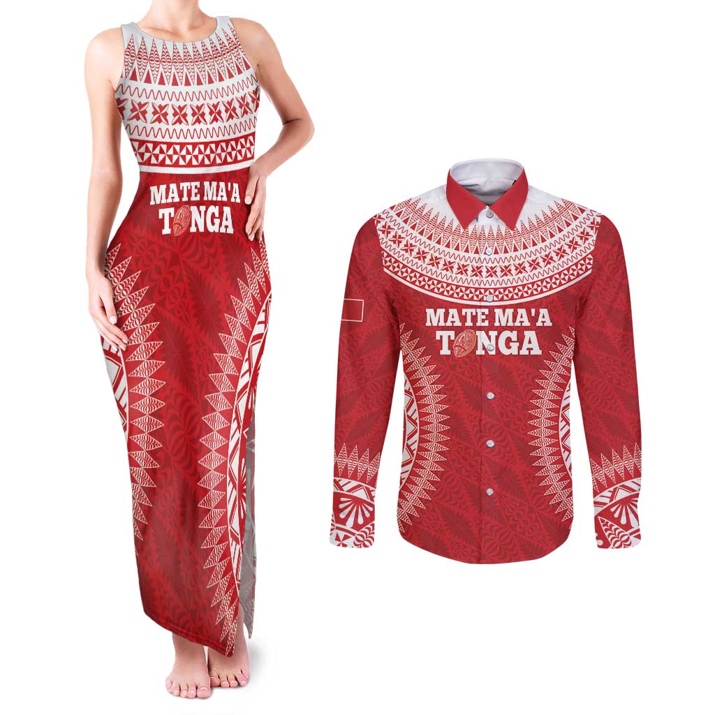 Custom Tonga Mate Maa Couples Matching Tank Maxi Dress and Long Sleeve Button Shirt Go Champions Tongan Ngatu - Red