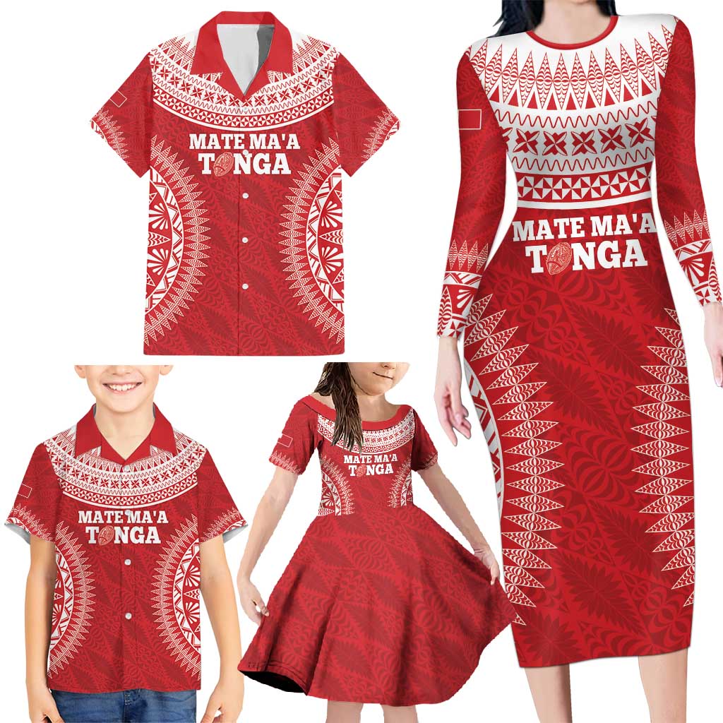 Custom Tonga Mate Maa Family Matching Long Sleeve Bodycon Dress and Hawaiian Shirt Go Champions Tongan Ngatu - Red LT14 - Polynesian Pride