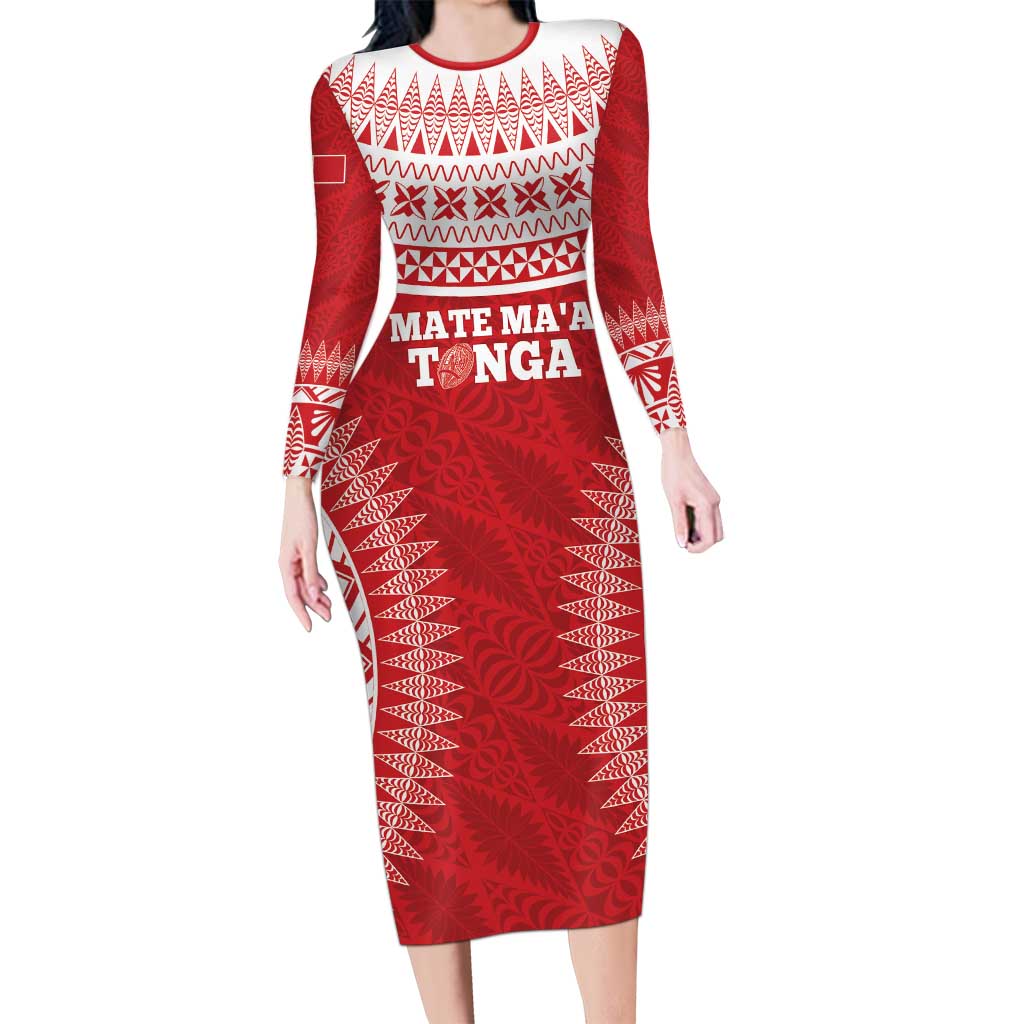 Custom Tonga Mate Maa Family Matching Long Sleeve Bodycon Dress and Hawaiian Shirt Go Champions Tongan Ngatu - Red LT14 Mom's Dress Red - Polynesian Pride