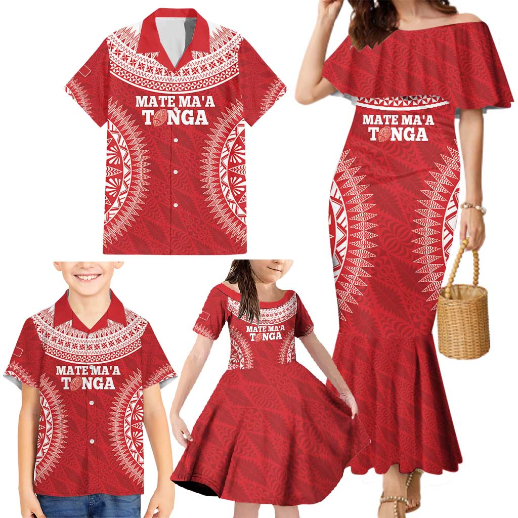 Custom Tonga Mate Maa Family Matching Mermaid Dress and Hawaiian Shirt Go Champions Tongan Ngatu - Red LT14 - Polynesian Pride