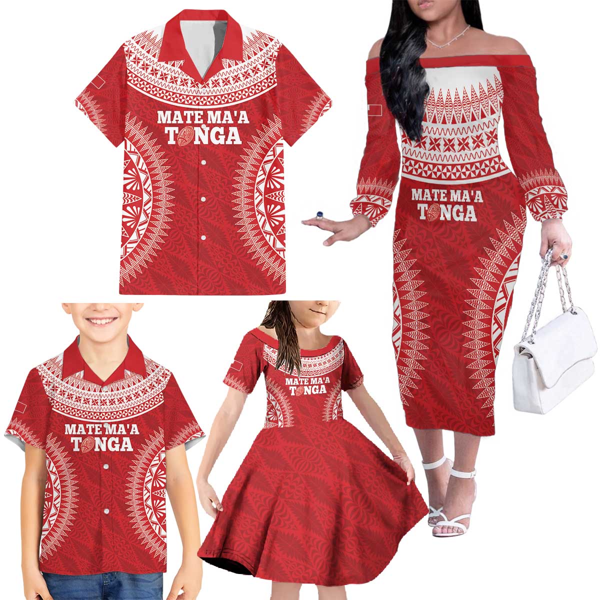 Custom Tonga Mate Maa Family Matching Off The Shoulder Long Sleeve Dress and Hawaiian Shirt Go Champions Tongan Ngatu - Red LT14 - Polynesian Pride