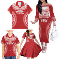 Custom Tonga Mate Maa Family Matching Off The Shoulder Long Sleeve Dress and Hawaiian Shirt Go Champions Tongan Ngatu - Red LT14 - Polynesian Pride