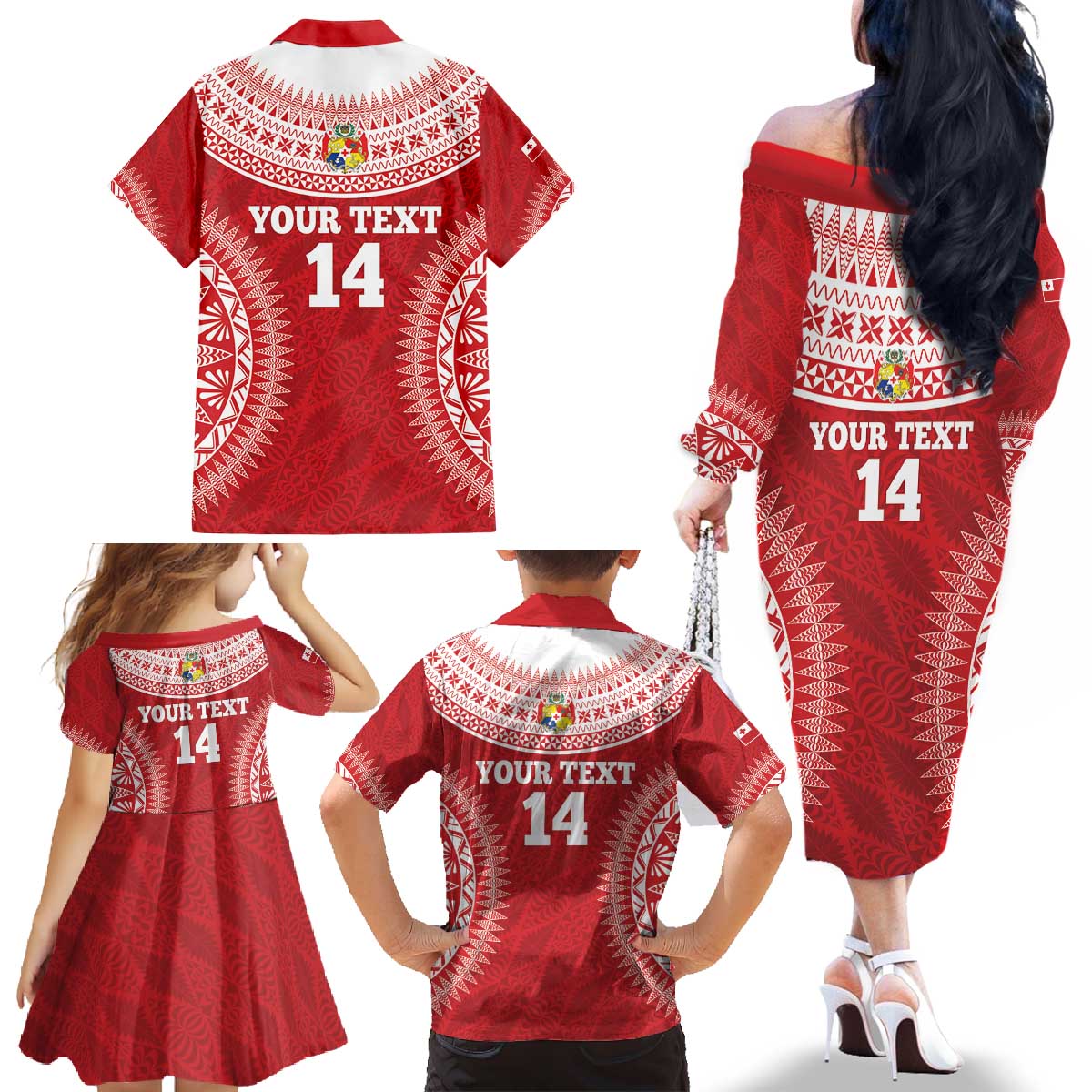 Custom Tonga Mate Maa Family Matching Off The Shoulder Long Sleeve Dress and Hawaiian Shirt Go Champions Tongan Ngatu - Red LT14 - Polynesian Pride