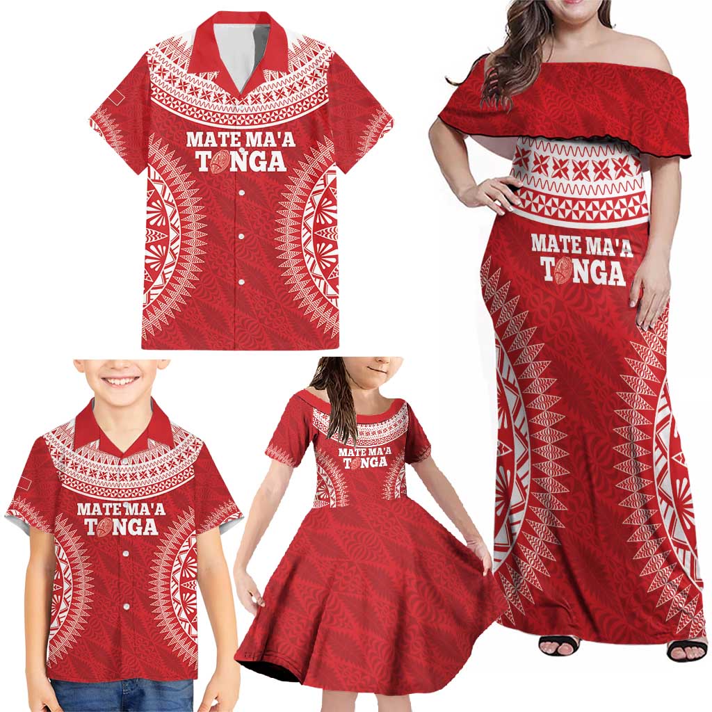 Custom Tonga Mate Maa Family Matching Off Shoulder Maxi Dress and Hawaiian Shirt Go Champions Tongan Ngatu - Red