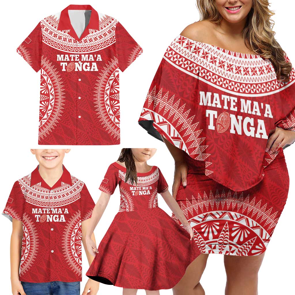 Custom Tonga Mate Maa Family Matching Off Shoulder Short Dress and Hawaiian Shirt Go Champions Tongan Ngatu - Red