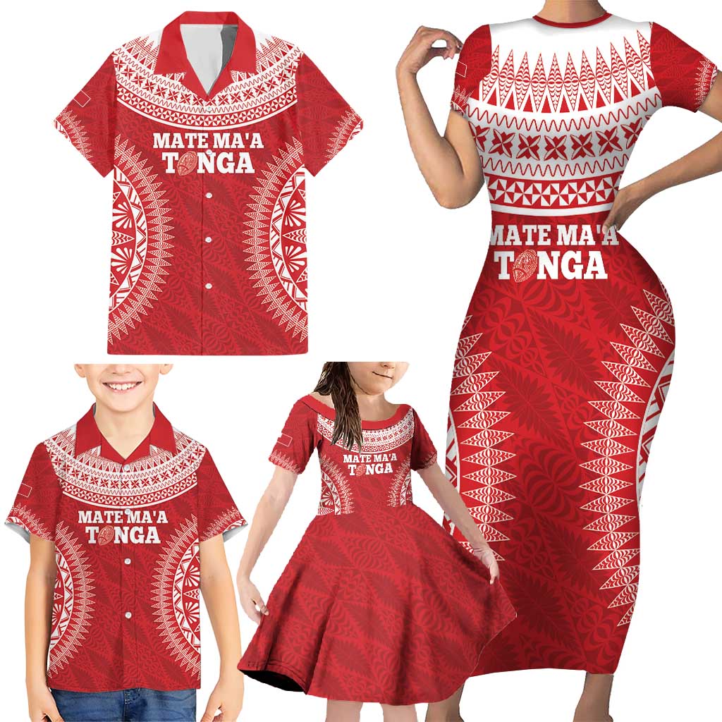 Custom Tonga Mate Maa Family Matching Short Sleeve Bodycon Dress and Hawaiian Shirt Go Champions Tongan Ngatu - Red LT14 - Polynesian Pride