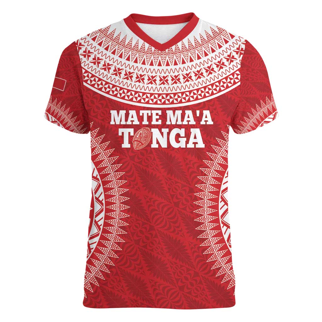 Custom Tonga Mate Maa Women V-Neck T-Shirt Go Champions Tongan Ngatu - Red LT14 Female Red - Polynesian Pride