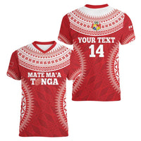 Custom Tonga Mate Maa Women V-Neck T-Shirt Go Champions Tongan Ngatu - Red LT14 - Polynesian Pride