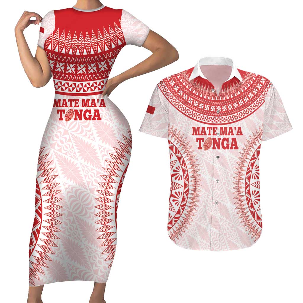 Custom Tonga Mate Maa Couples Matching Short Sleeve Bodycon Dress and Hawaiian Shirt Go Champions Tongan Ngatu - White