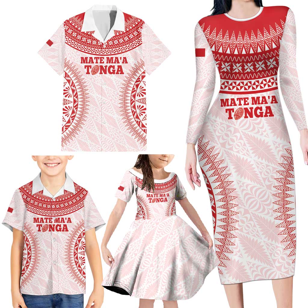 Custom Tonga Mate Maa Family Matching Long Sleeve Bodycon Dress and Hawaiian Shirt Go Champions Tongan Ngatu - White LT14 - Polynesian Pride