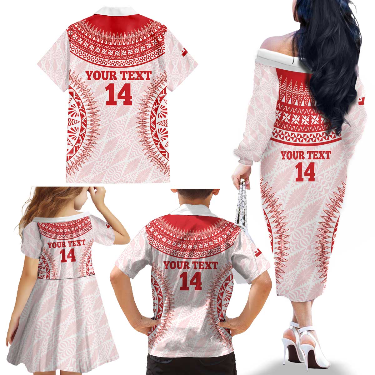 Custom Tonga Mate Maa Family Matching Off The Shoulder Long Sleeve Dress and Hawaiian Shirt Go Champions Tongan Ngatu - White LT14 - Polynesian Pride