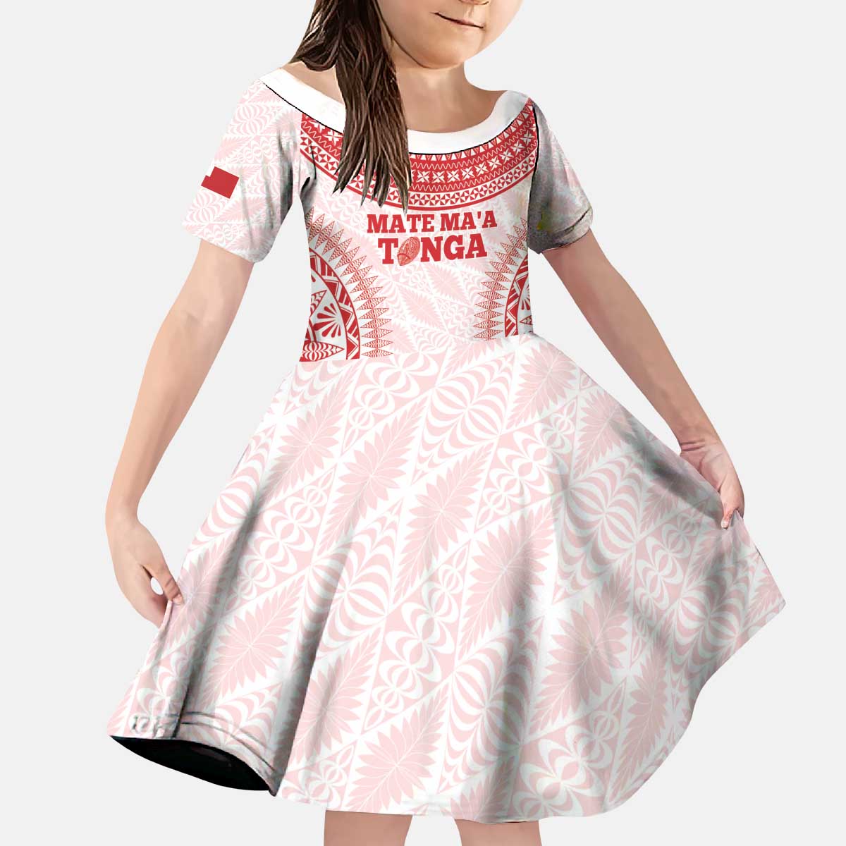 Custom Tonga Mate Maa Kid Short Sleeve Dress Go Champions Tongan Ngatu - White