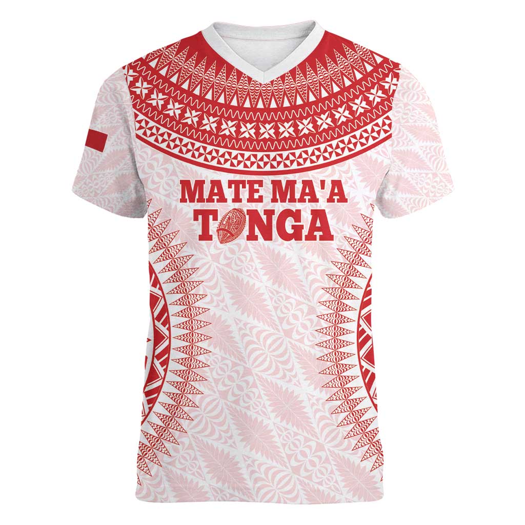 Custom Tonga Mate Maa Women V-Neck T-Shirt Go Champions Tongan Ngatu - White LT14 Female White - Polynesian Pride
