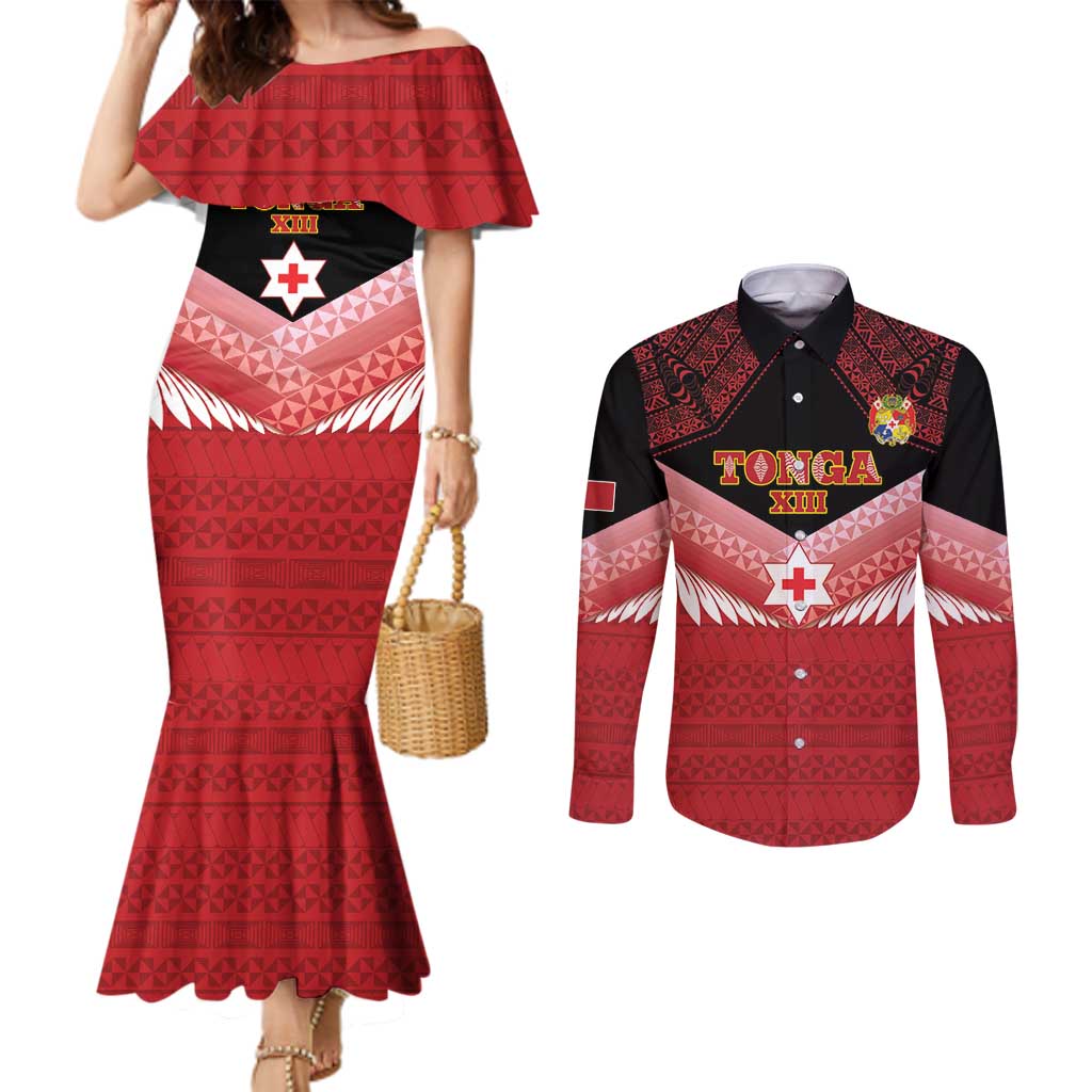 Custom Mate Maa Tonga XIII Couples Matching Mermaid Dress and Long Sleeve Button Shirt Tongan Kupesi Ngatu - Rugby Style
