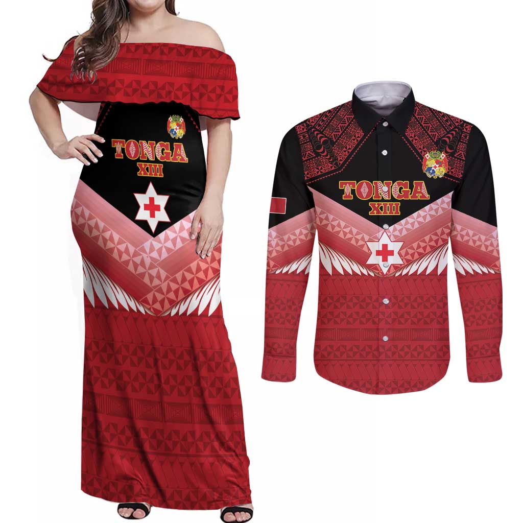 Custom Mate Maa Tonga XIII Couples Matching Off Shoulder Maxi Dress and Long Sleeve Button Shirt Tongan Kupesi Ngatu - Rugby Style