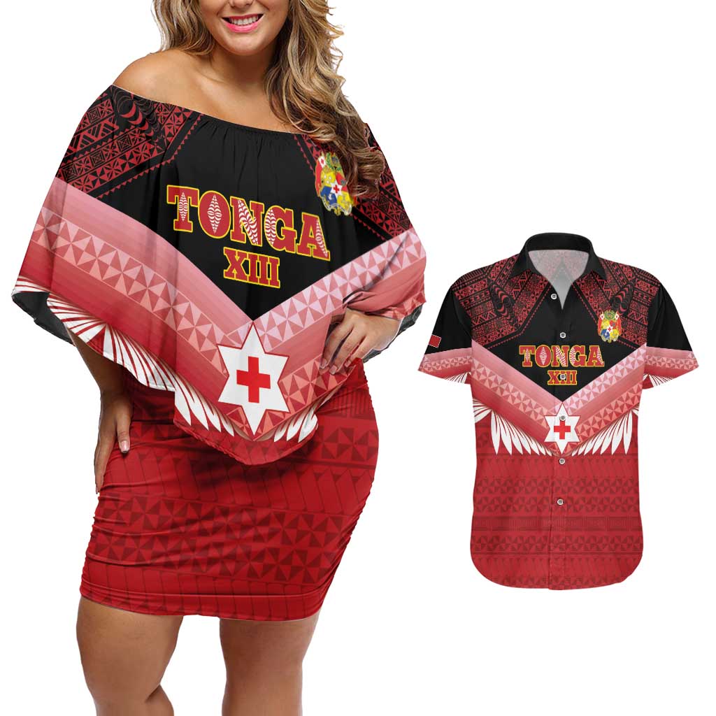 Custom Mate Maa Tonga XIII Couples Matching Off Shoulder Short Dress and Hawaiian Shirt Tongan Kupesi Ngatu - Rugby Style LT14 Red - Polynesian Pride