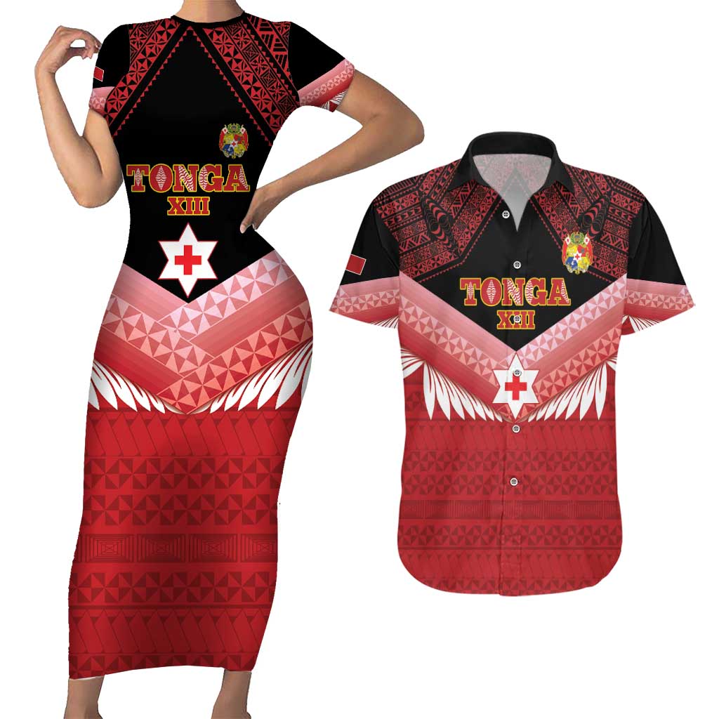 Custom Mate Maa Tonga XIII Couples Matching Short Sleeve Bodycon Dress and Hawaiian Shirt Tongan Kupesi Ngatu - Rugby Style