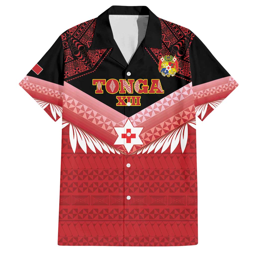 Custom Mate Maa Tonga XIII Family Matching Long Sleeve Bodycon Dress and Hawaiian Shirt Tongan Kupesi Ngatu - Rugby Style LT14 Dad's Shirt - Short Sleeve Red - Polynesian Pride