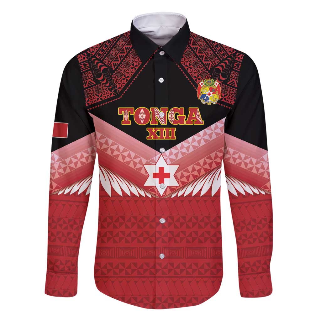Custom Mate Maa Tonga XIII Family Matching Long Sleeve Bodycon Dress and Hawaiian Shirt Tongan Kupesi Ngatu - Rugby Style LT14 Dad's Shirt - Long Sleeve Red - Polynesian Pride